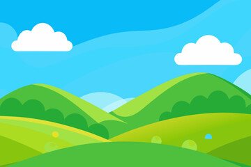 Obraz premium A beautiful cartoon scene of rolling green hills with a blue sky vector illustration