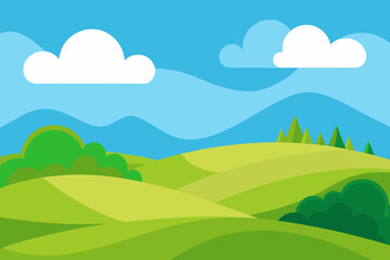 Fototapeta premium A simple cartoon of rolling green hills with a blue sky vector illustration