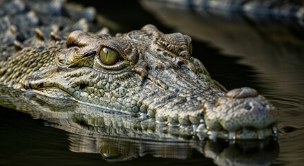 Obraz premium Close-up of crocodile in water with focus on eye and texture