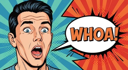 Comic style surprised man expression with speech bubble whoa pop art concept