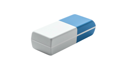 A rectangular eraser, white and blue, lies against a black background