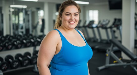 Confident woman in blue activewear at modern gym for fitness motivation and wellbeing