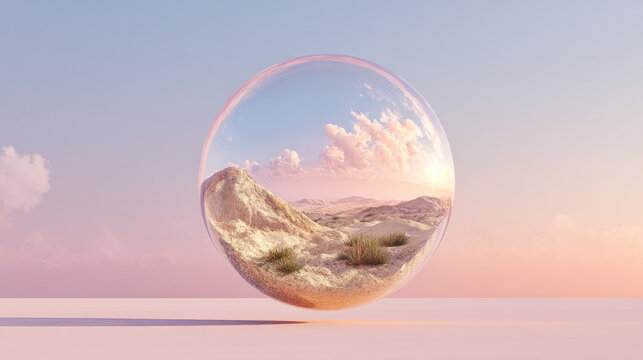 Floating glass sphere with a small desert landscape inside, against a soft pastel background - Powered by Adobe