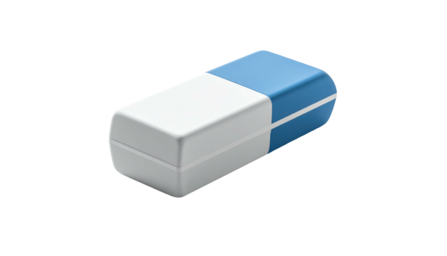 A rectangular eraser, white and blue, lies against a black background