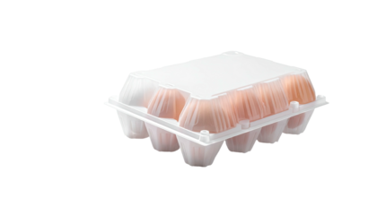 A transparent plastic egg carton filled with brown eggs on a black background