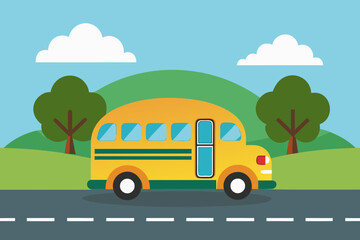 A simple cartoon of a school bus on a road vector illustration