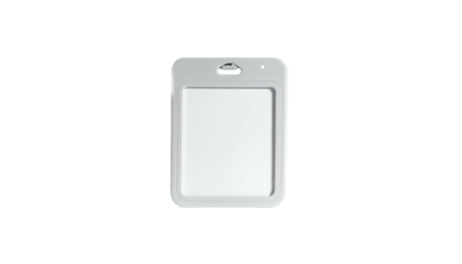 A white, vertical plastic card holder, with rounded corners, on a black backdrop