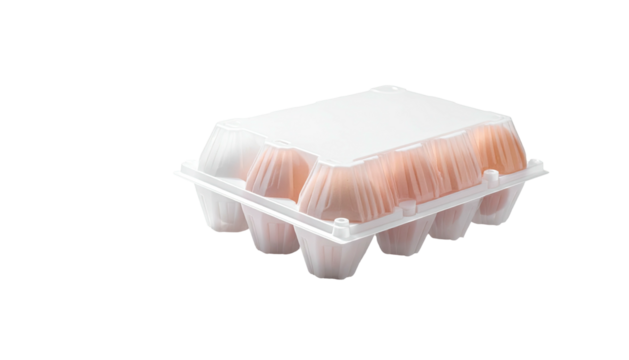 A transparent plastic egg carton filled with brown eggs on a black background