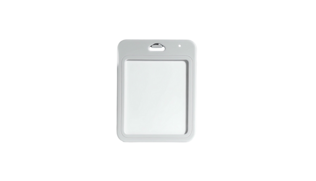 A white, vertical plastic card holder, with rounded corners, on a black backdrop