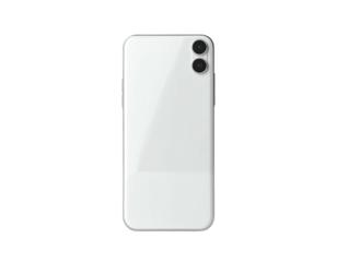 Gleaming white phone back with dual cameras; clean, minimalist design on black backdrop