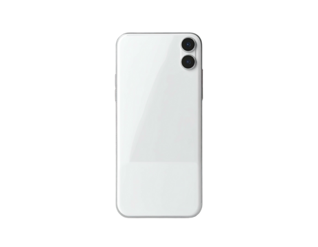 Gleaming white phone back with dual cameras; clean, minimalist design on black backdrop
