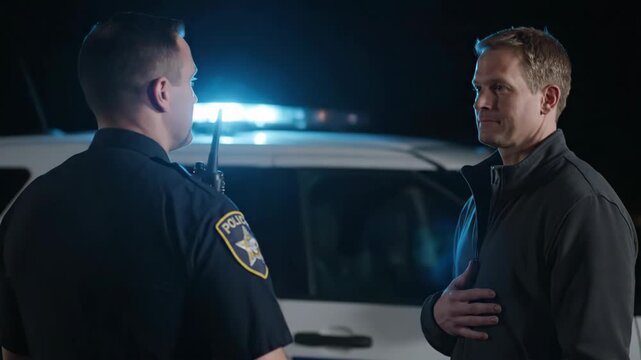 Police officer speaking with male suspect at nighttime with lights on  