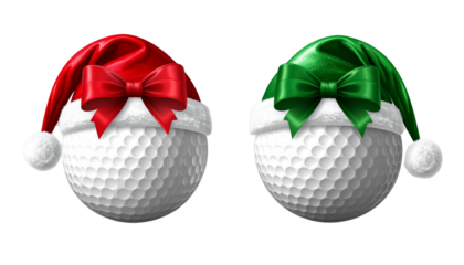 3D golf balls with red and green Santa hats isolated on transparent background