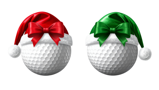 3D golf balls with red and green Santa hats isolated on transparent background