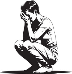 Melancholy in Solitude: A grayscale sketch portrays a solitary figure in a moment of introspective sorrow, the person hunched in quiet contemplation.