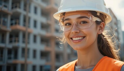 A smiling female construction worker wearing safety glasses and a hard hat stands in front of a building under construction.