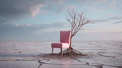 Minimalist pink chair with long roots growing into a cracked marble floor, surreal