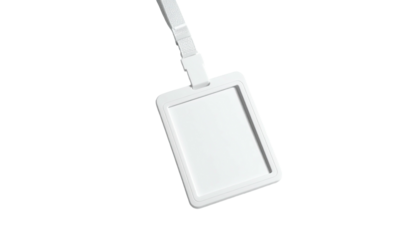 White, rectangular, empty plastic ID holder suspended by a white lanyard, angled