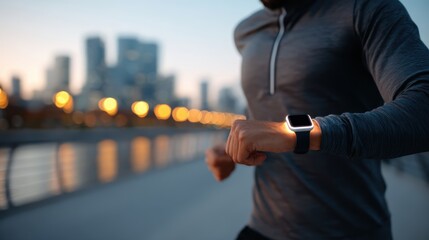 Runner checking smartwatch during outdoor workout