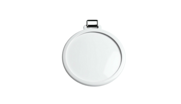 A minimalist, white, circular device with a chrome clasp against a stark black background