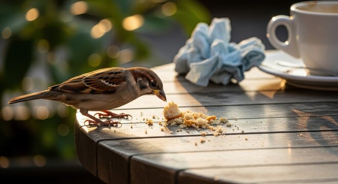 Sparrow eating breadcrumbs on the table near a cup of coffee outdoor