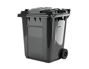 A large, black, wheeled waste container with a lid, sitting on a black surface
