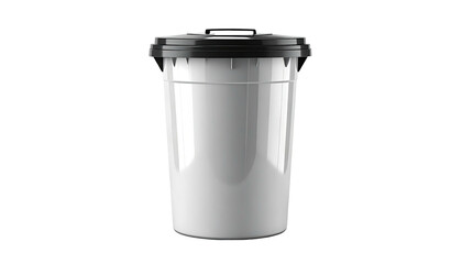Isolated white plastic waste container with black lid and trim, on black background