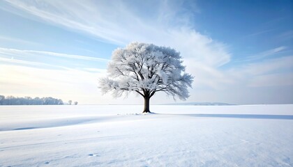 Solitary frost-covered tree standing in vast snow-covered landscape—bare branches and dark trunk contrast against pale blue-gray sky