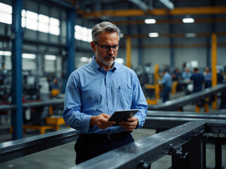 Middle Eastern CTO Monitoring Conveyor Systems in Metal Parts Factory with Tablet
