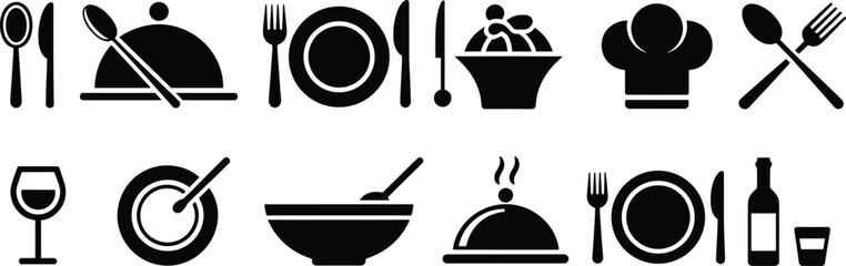 Culinary icons, dining symbols, restaurant food vector, kitchen utensils, chef hat, wine glass, plate setting, cooking tools, black white illustration