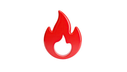 3D render of a red flame icon with a reflective, shiny appearance on black