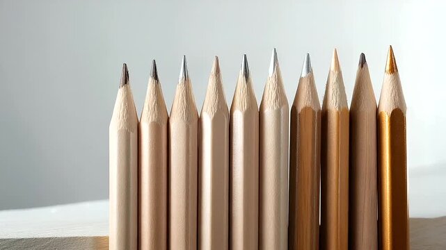 Pencils in a row, the creative scene illuminated by gentle light. Pencils, row, with copy space