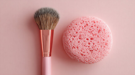 Simple yet refined image of a pink makeup brush and sponge, representing modern beauty essentials with soft textures and clean design for cosmetic themes