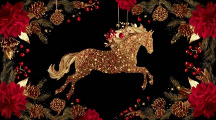 Golden horse illustration with floral decorations for Chinese New Year celebration background