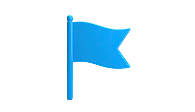 A 3D, blue flag icon, rendered on a black background, features a rounded top