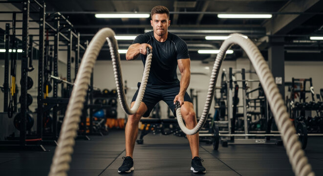 Intense battle rope training session in modern gym for strength and endurance