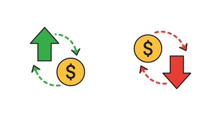 Financial growth and decline illustrated with arrows and dollar signs