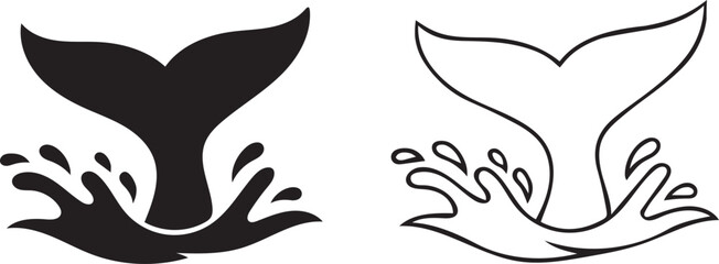 Whale Tail Silhouette and Outline Vector with Water Splash