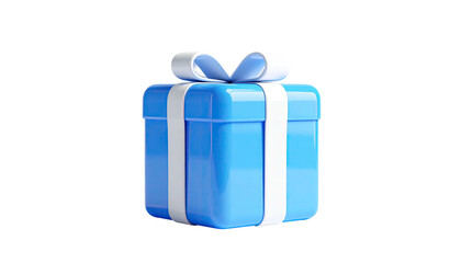 Bright, blue 3D gift box with white ribbon and bow against a stark black background