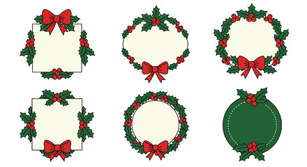 Festive christmas holly wreath designs with red bows decorative frames