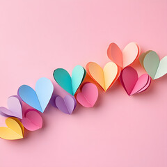Colorful paper hearts arranged in a curve on a pink background