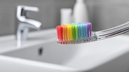 Tweezers hold a toothbrush head with vibrant multicolored bristles, presented in sharp detail above a white sink in a minimalist setting
