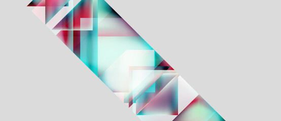 Abstract geometric shapes overlap, creating vibrant color blends. Light reflects off translucent planes, forming dynamic composition.