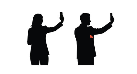 Silhouettes of a man and woman taking a selfie with their phones