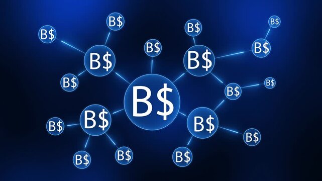 Blue B$ Currency Network Connected Nodes Financial Concept on Dark Blue Background money finance