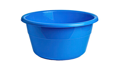 Bright blue, round plastic basin against a pure black background. Side view shows the shape