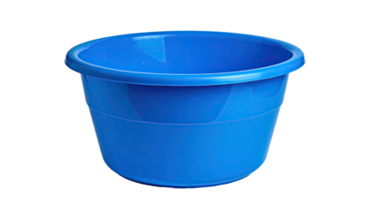 Bright blue, round plastic basin against a pure black background. Side view shows the shape