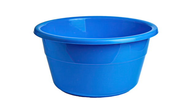 Bright blue, round plastic basin against a pure black background. Side view shows the shape