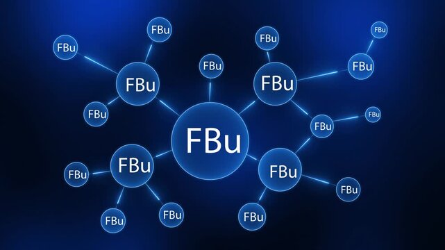 Molecular structure with F Bu labels connected by glowing blue lines on a dark blue gradient background
