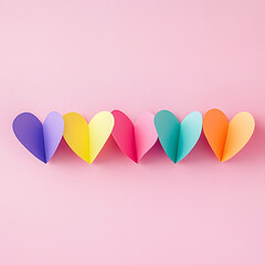 Colorful paper hearts arranged in a row on a soft pink background